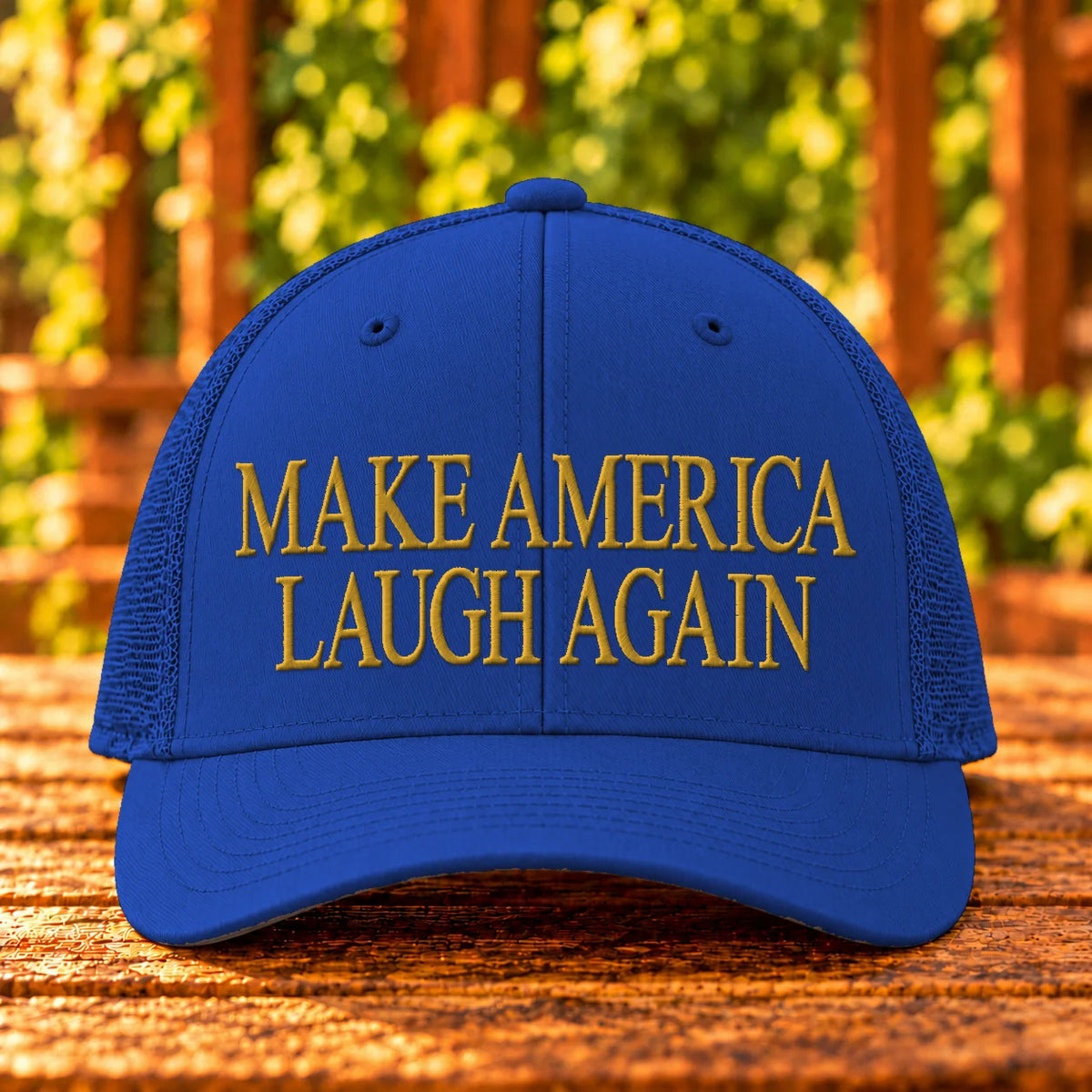 Make America Laugh Again — Royal trucker with Gold embroidery