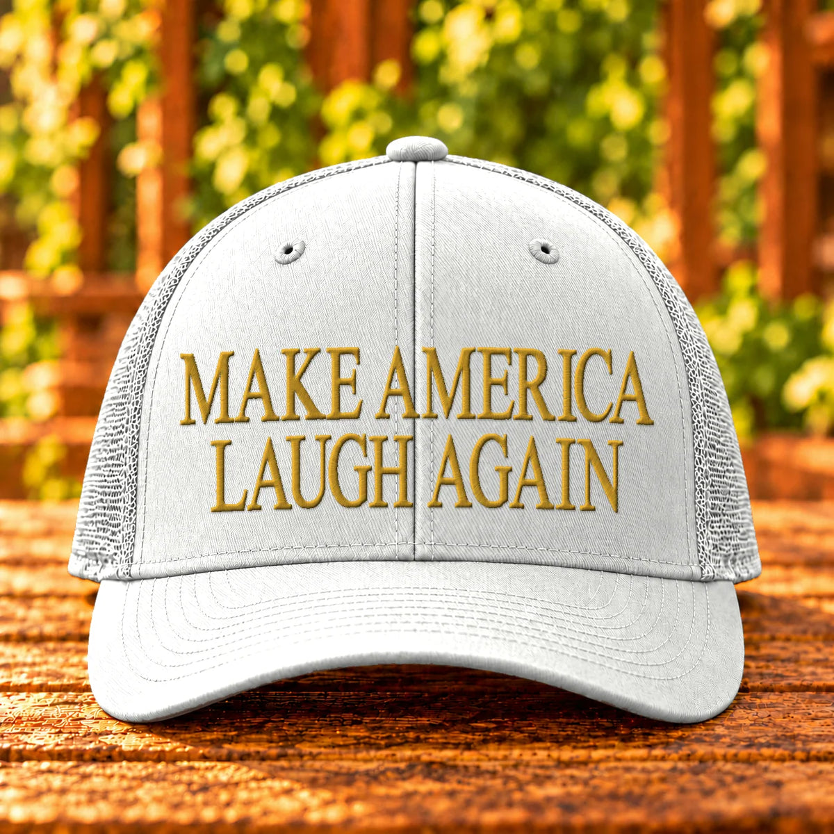 Make America Laugh Again — White trucker with Gold embroidery