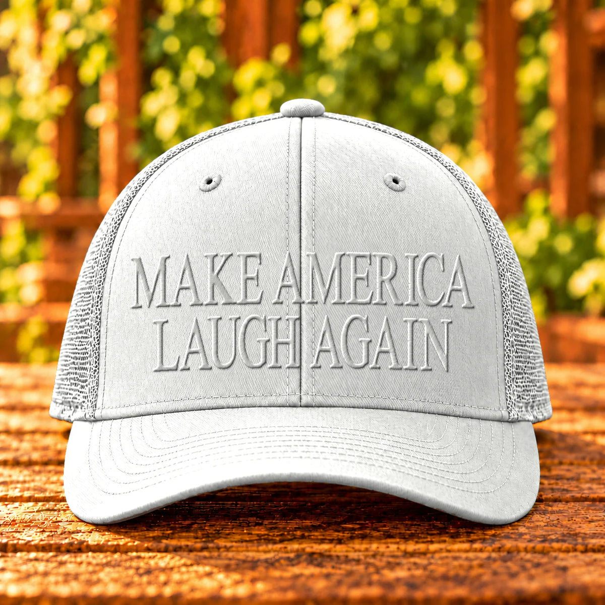 Make America Laugh Again — White trucker with White embroidery