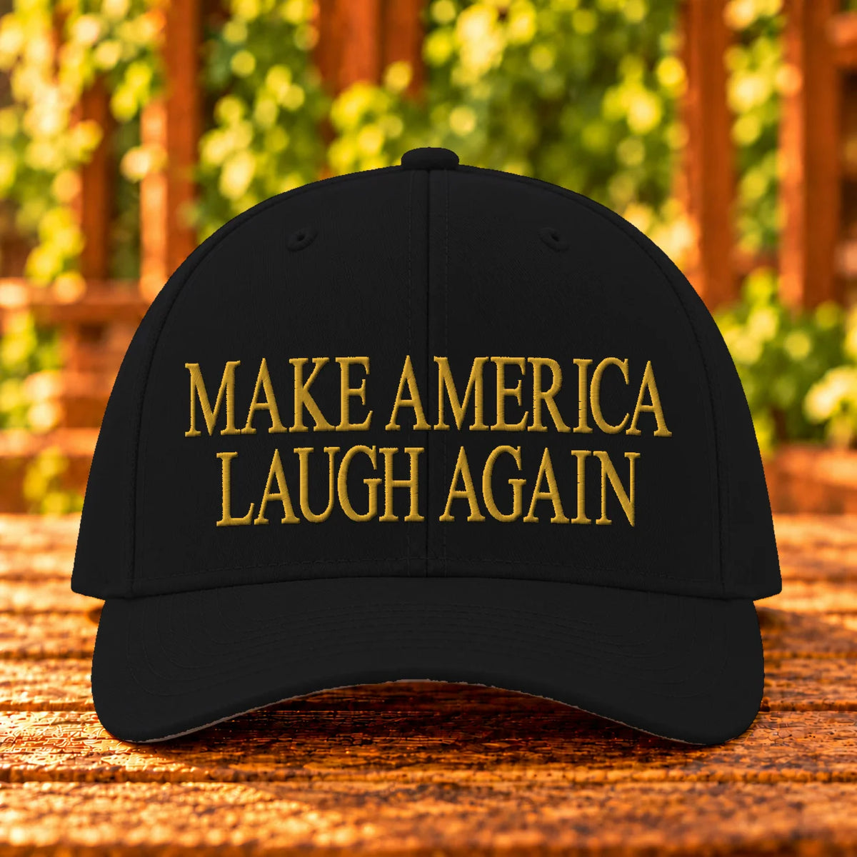 Make America Laugh Again — Black twill with Gold embroidery