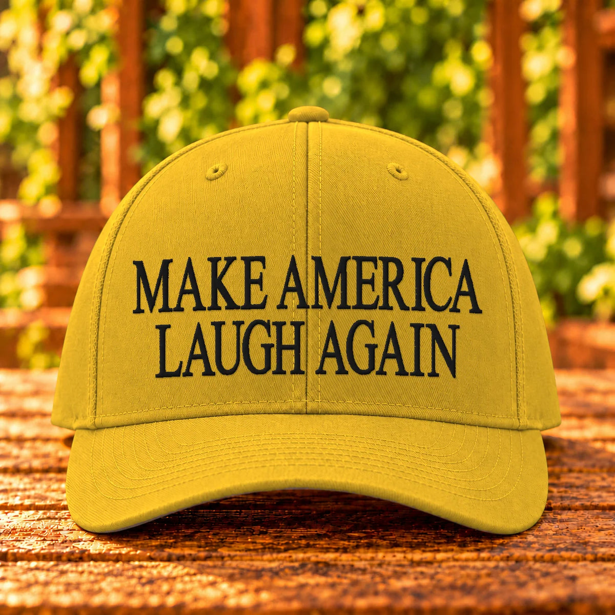 Make America Laugh Again — Gold twill with Black embroidery