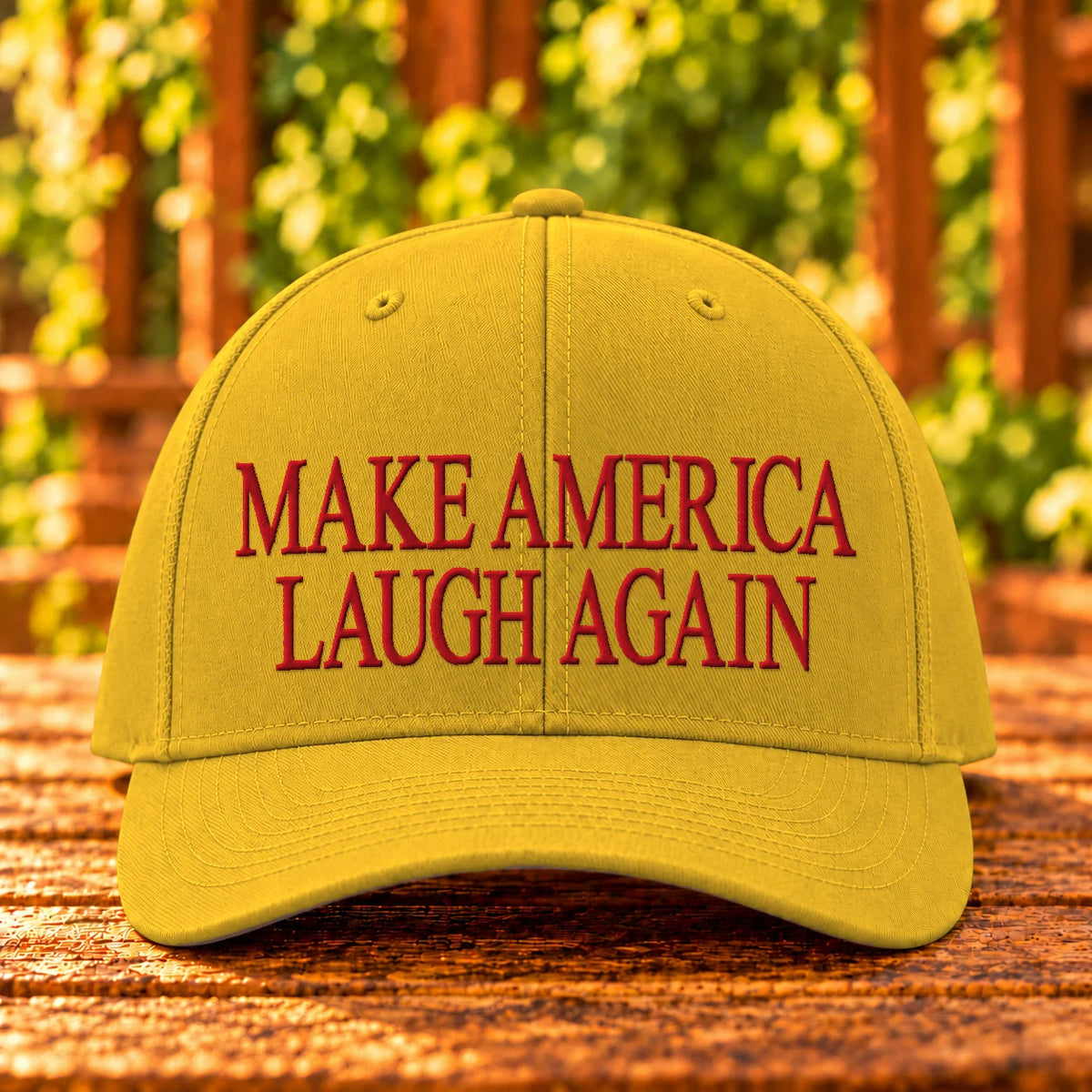 Make America Laugh Again — Gold twill with Red embroidery
