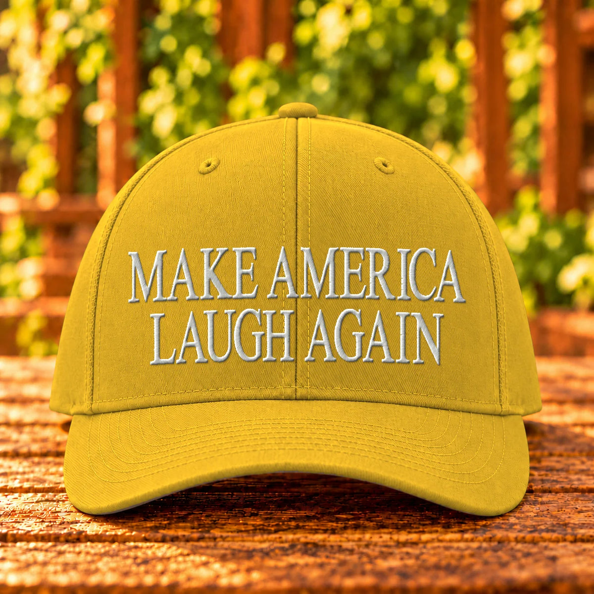 Make America Laugh Again — Gold twill with White embroidery