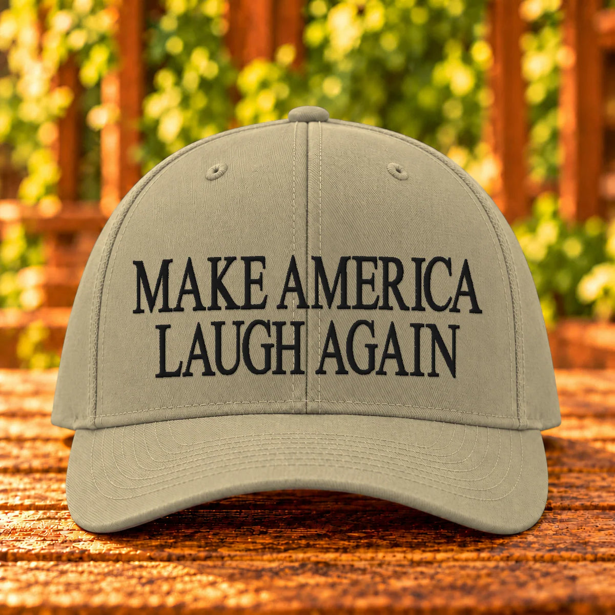 Make America Laugh Again — Khaki twill with Black embroidery