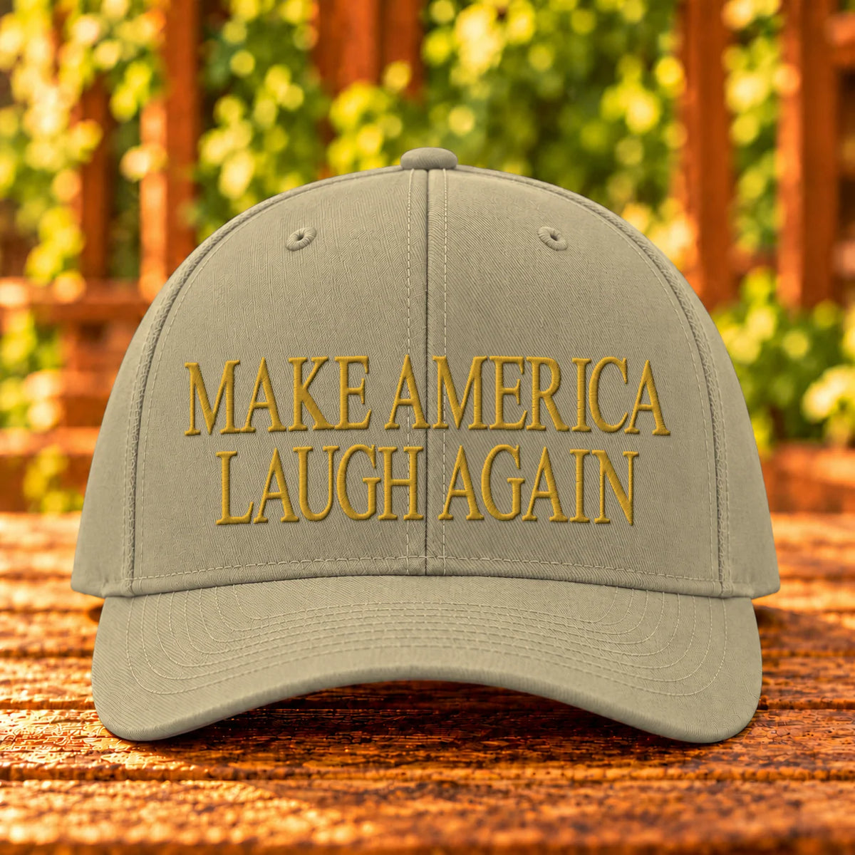 Make America Laugh Again — Khaki twill with Gold embroidery