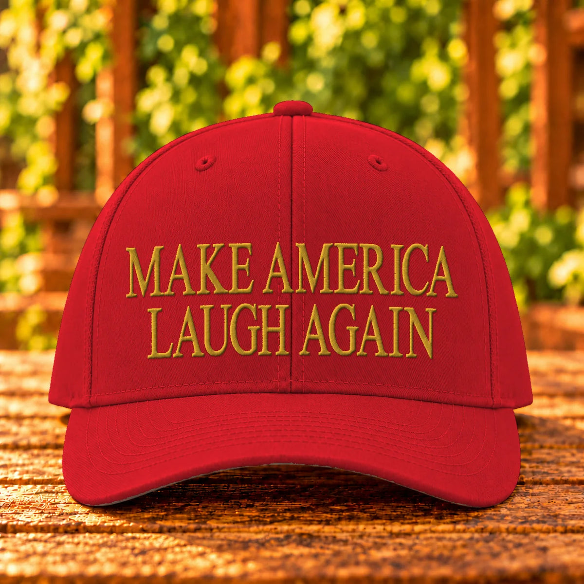 Make America Laugh Again — Red twill with Gold embroidery