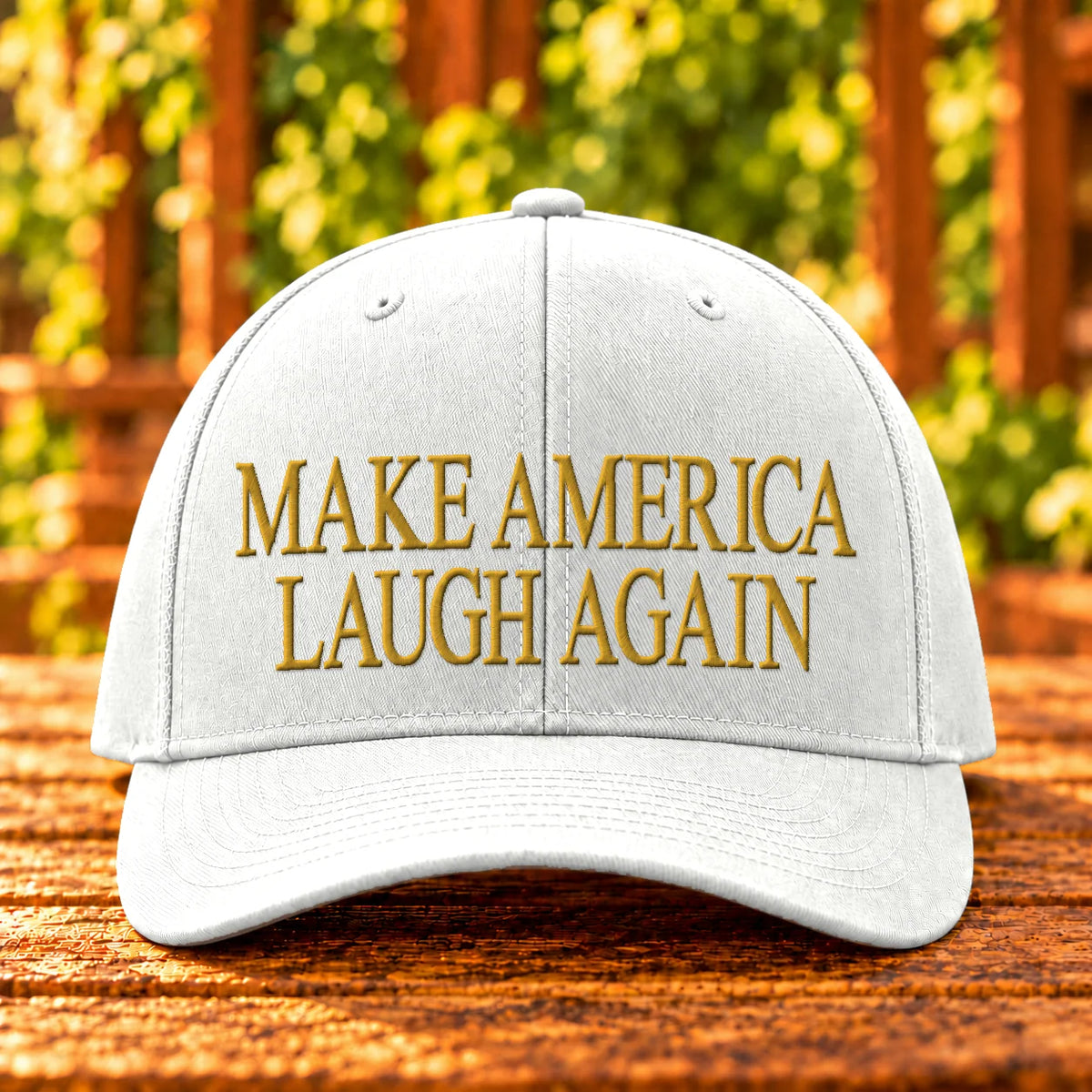 Make America Laugh Again — White twill with Gold embroidery