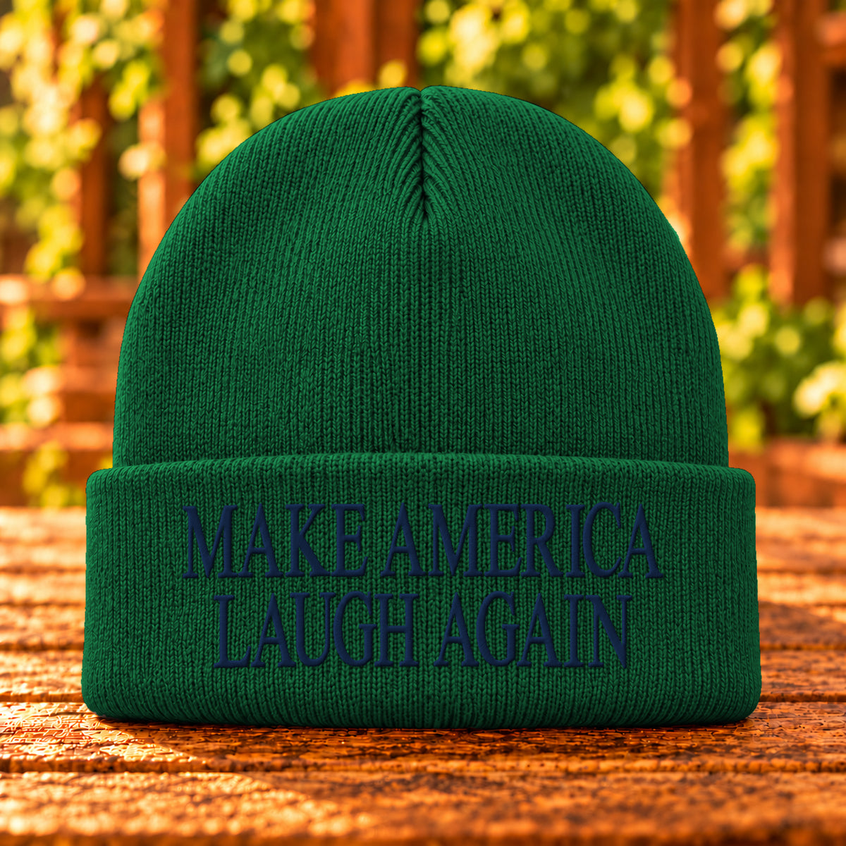 Make America Laugh Again embroidered beanie, Athletic Green, Navy thread