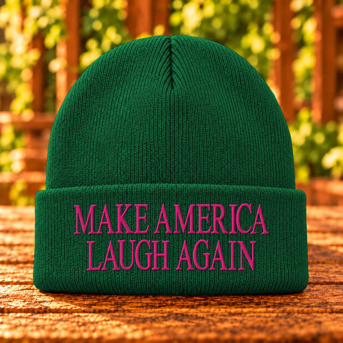 Make America Laugh Again embroidered Athletic Green beanie, Hot Pink thread