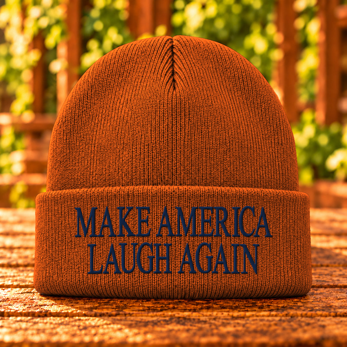 Make America Laugh Again embroidered beanie, Athletic Orange, Navy thread