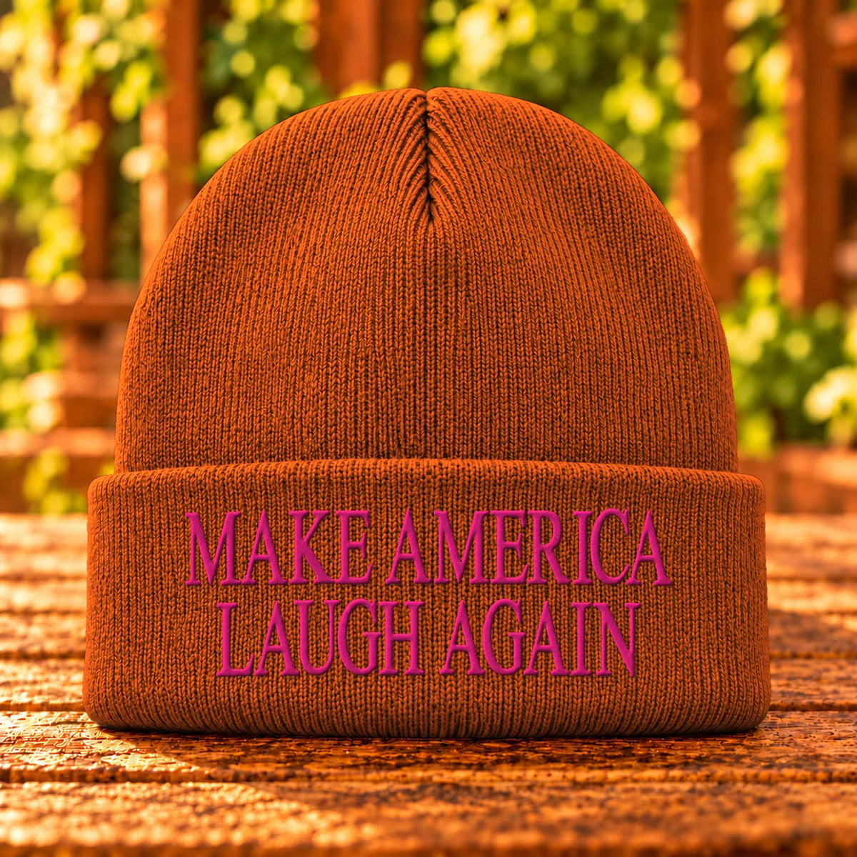 Make America Laugh Again embroidered Athletic Orange beanie, Hot Pink thread