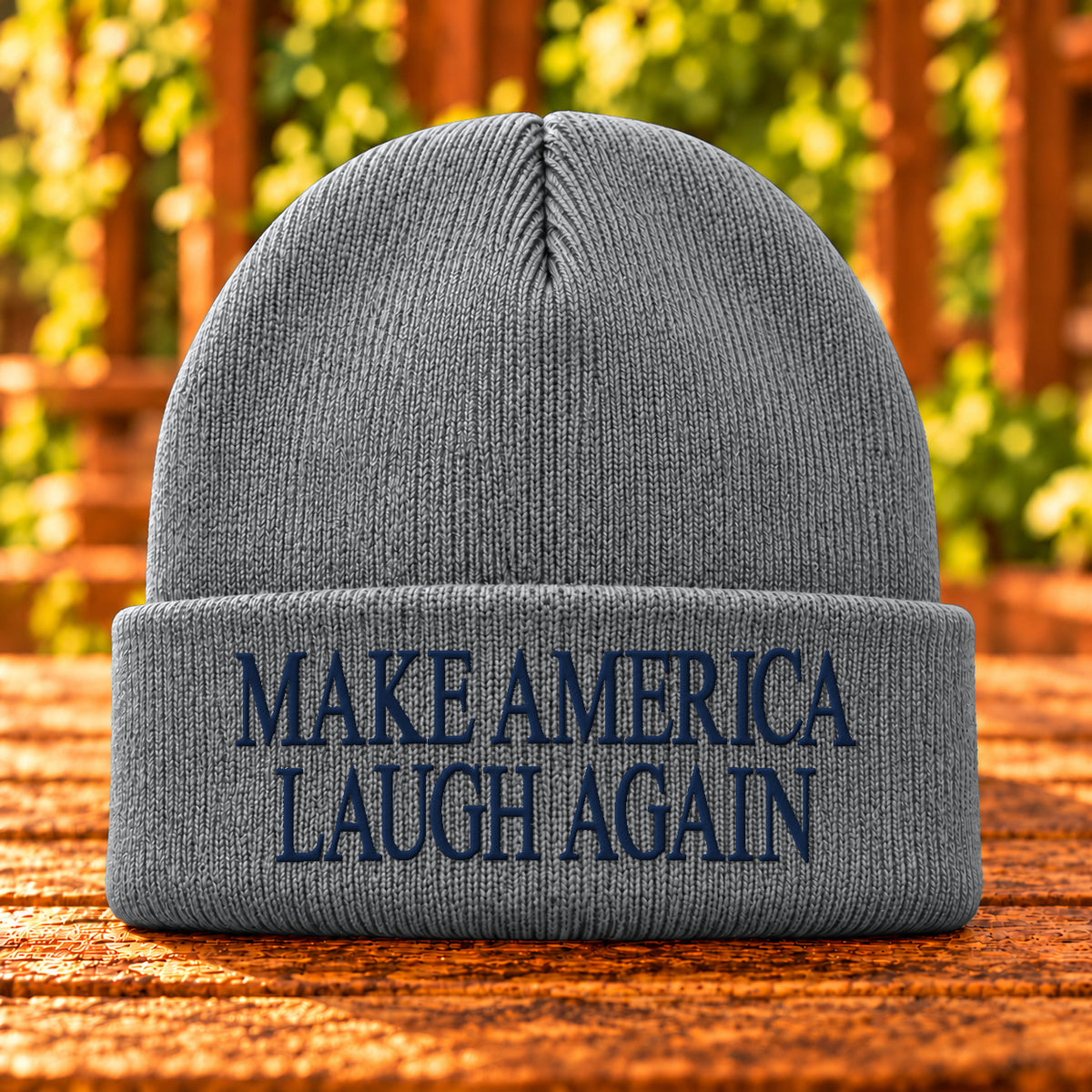 Make America Laugh Again embroidered beanie, Athletic Oxford, Navy thread