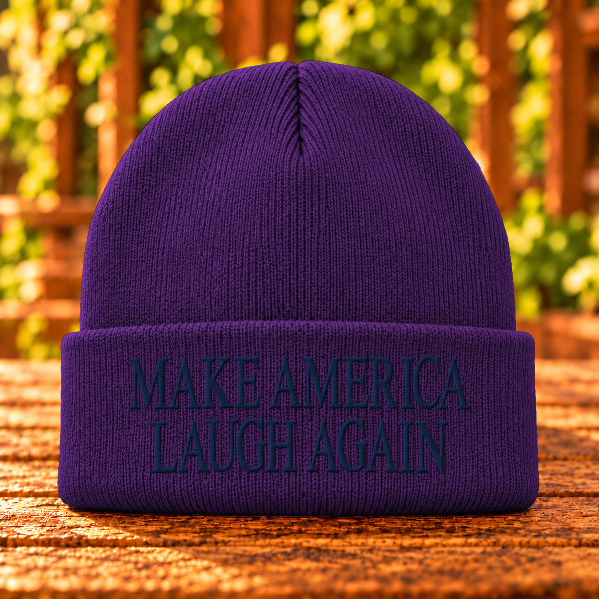 Make America Laugh Again embroidered beanie, Athletic Purple, Navy thread