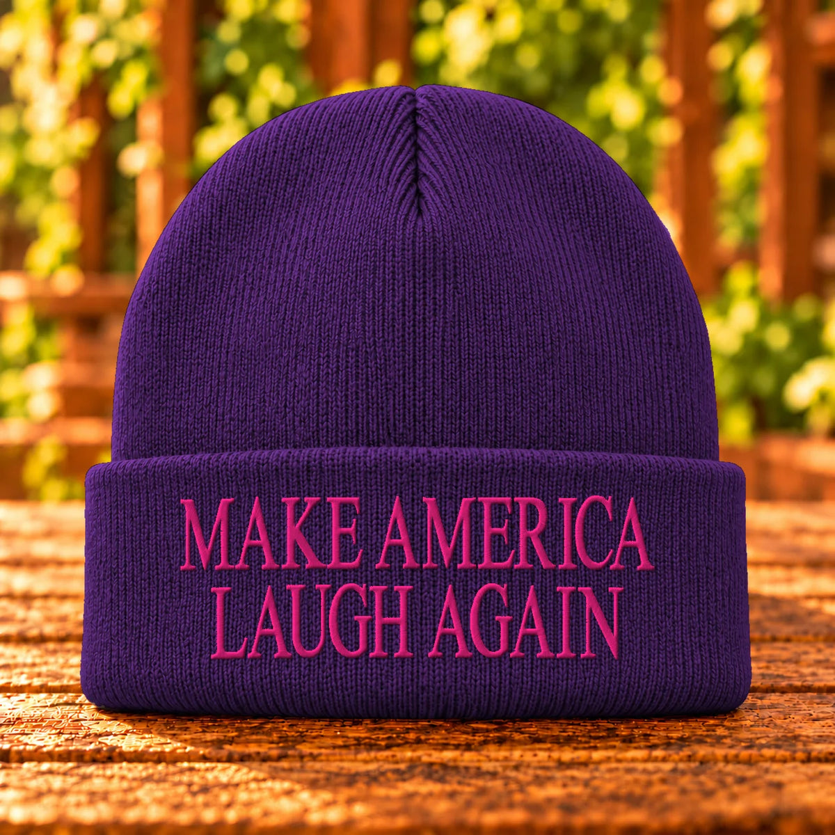 Make America Laugh Again embroidered Athletic Purple beanie, Hot Pink thread