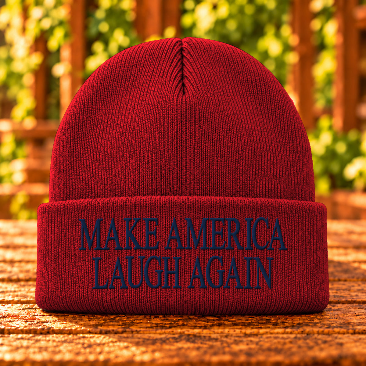 Make America Laugh Again embroidered beanie, Athletic Red, Navy thread