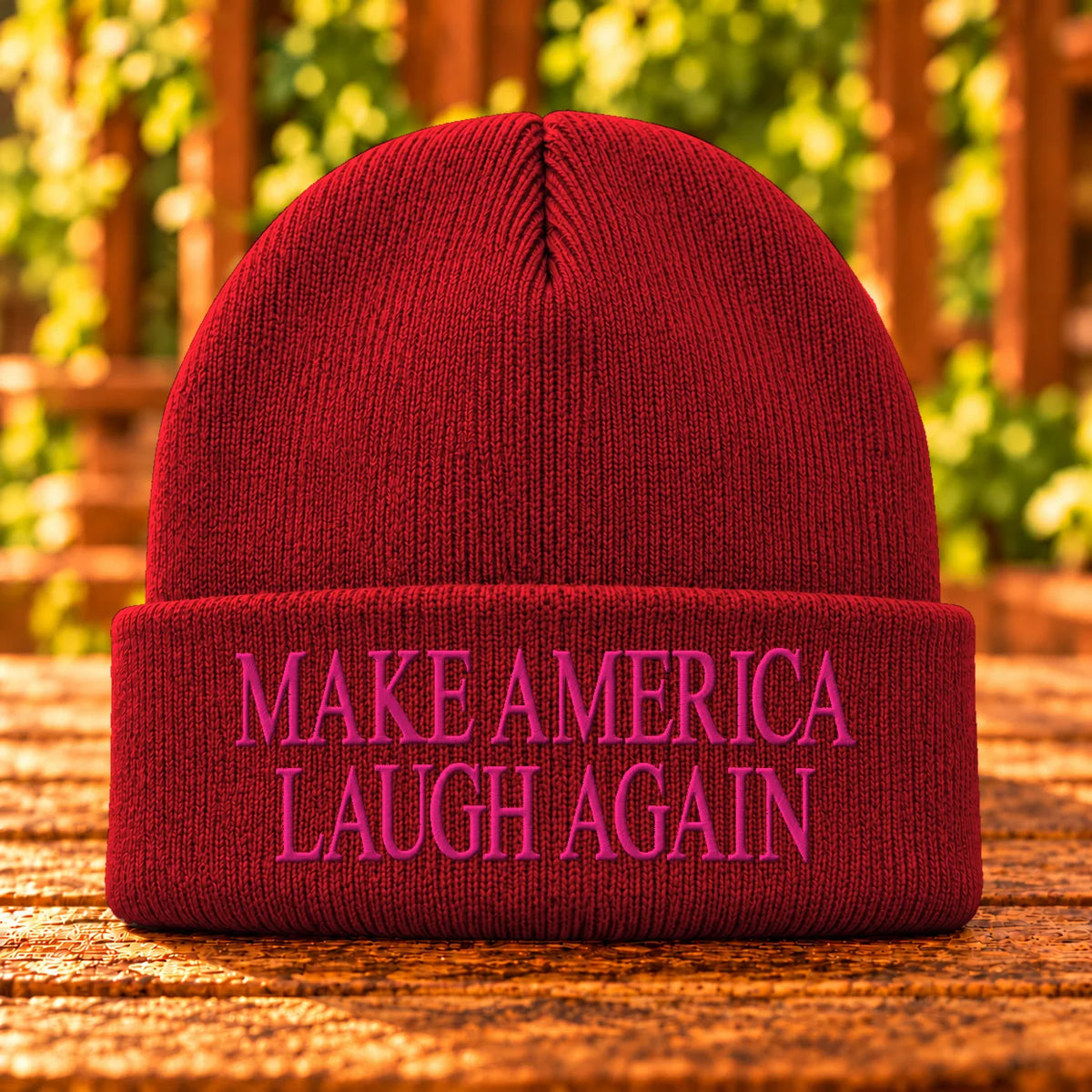 Make America Laugh Again embroidered Athletic Red beanie, Hot Pink thread