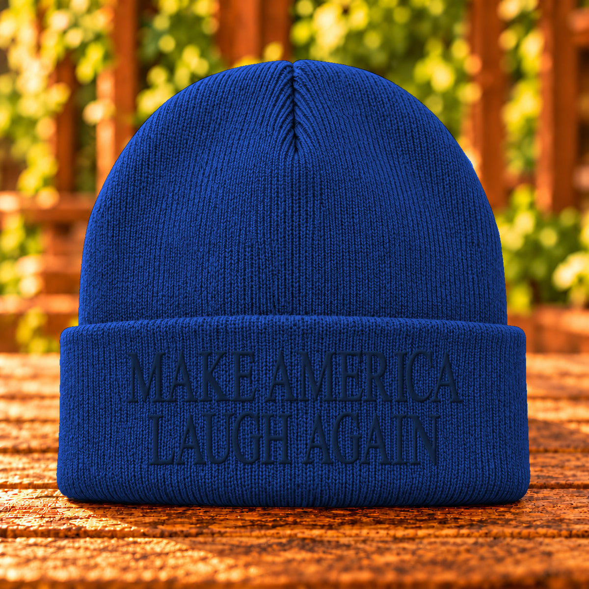 Make America Laugh Again embroidered beanie, Athletic Royal, Navy thread