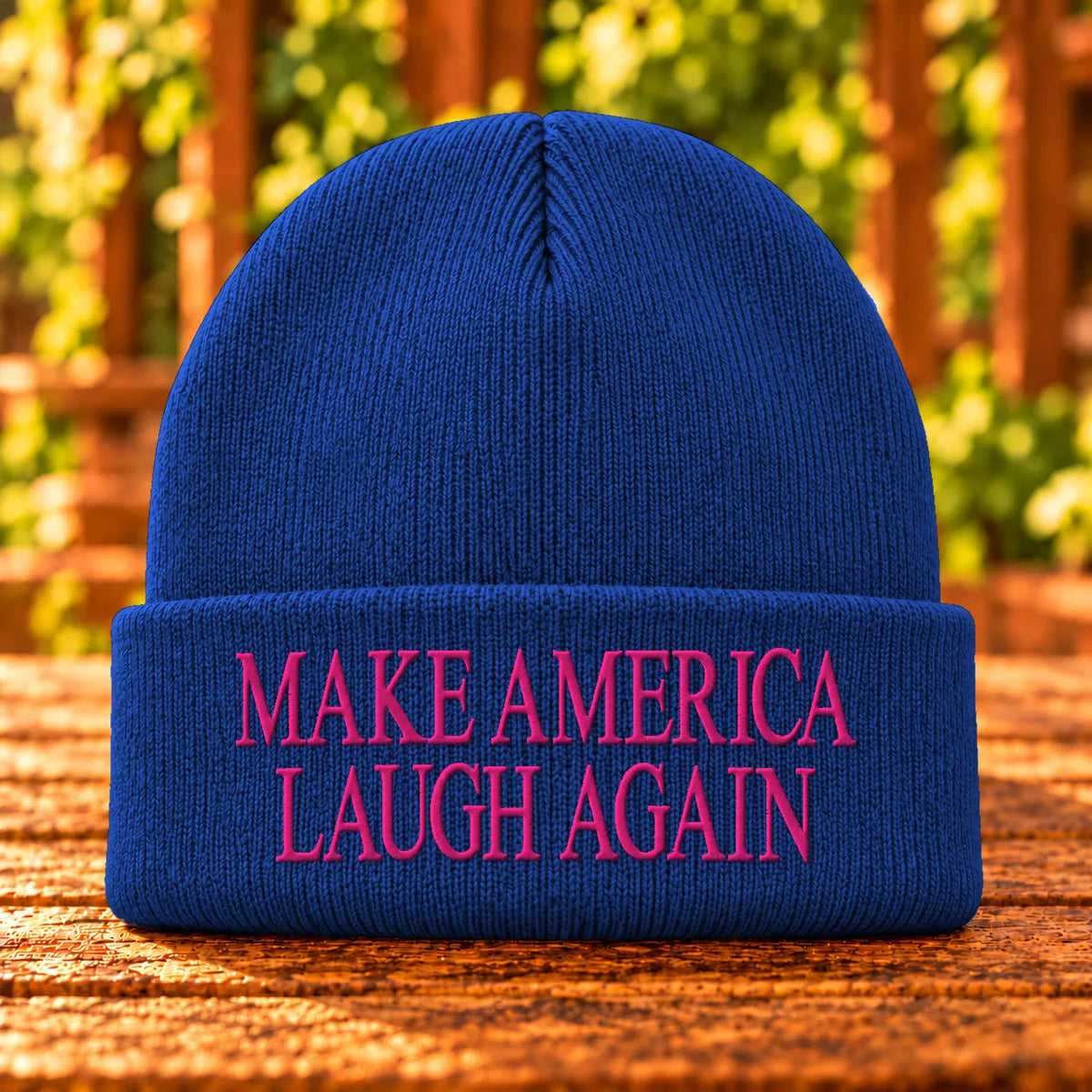 Make America Laugh Again embroidered Athletic Royal beanie, Hot Pink thread