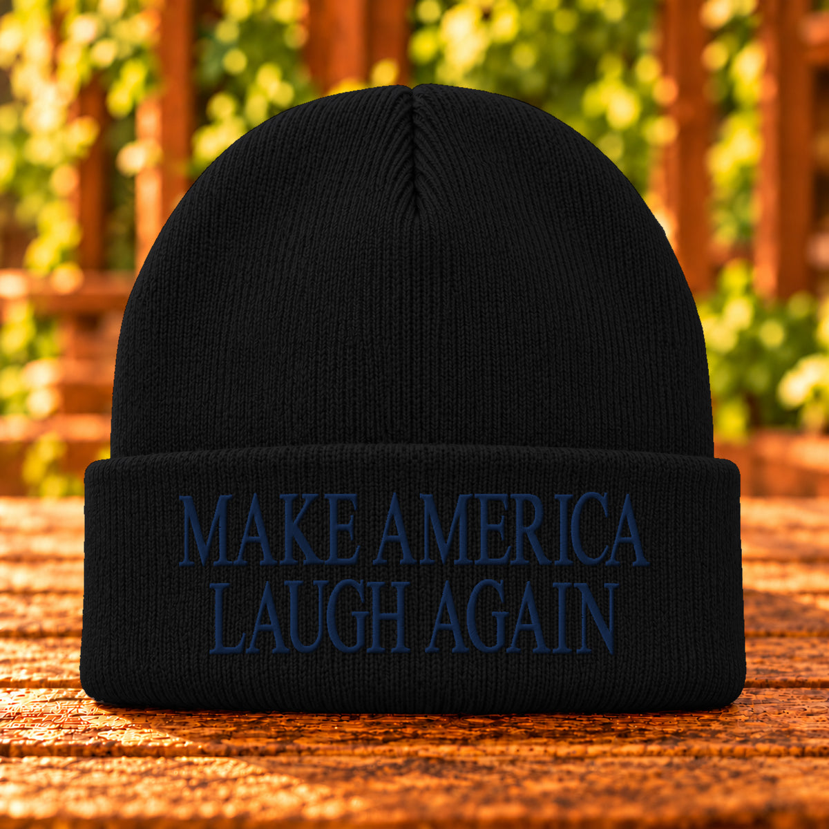 Make America Laugh Again embroidered beanie, Black, Navy thread