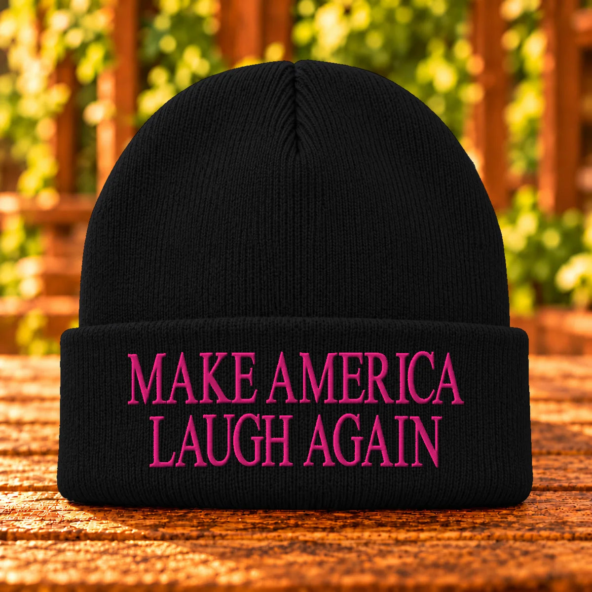 Make America Laugh Again embroidered Black beanie, Hot Pink thread