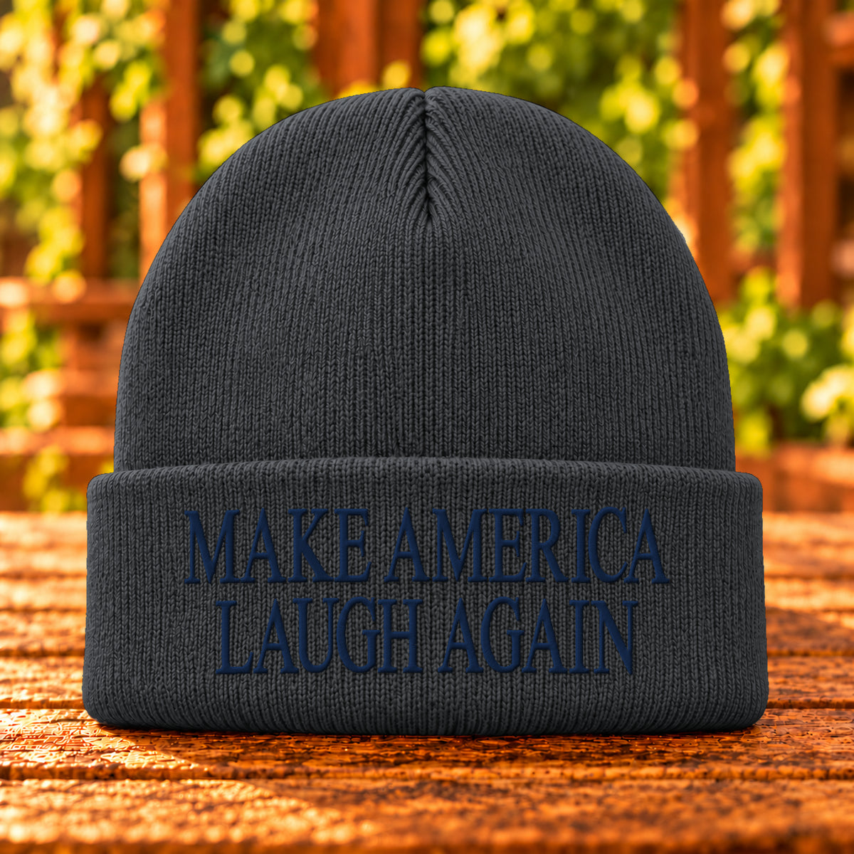 Make America Laugh Again embroidered beanie, Charcoal Heather, Navy thread