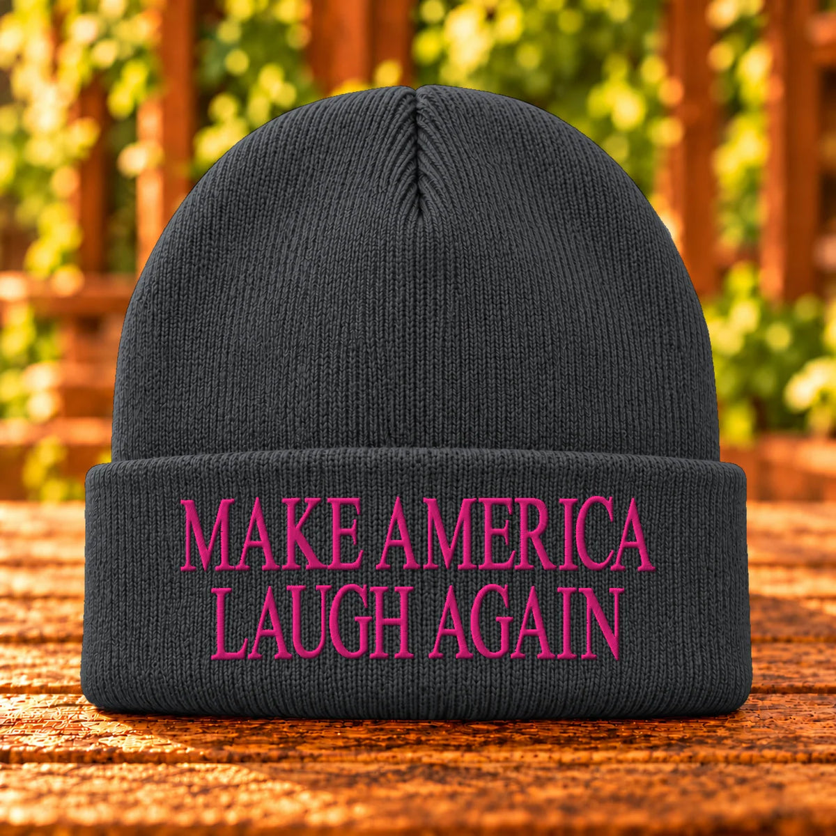 Make America Laugh Again embroidered Charcoal Heather beanie, Hot Pink thread