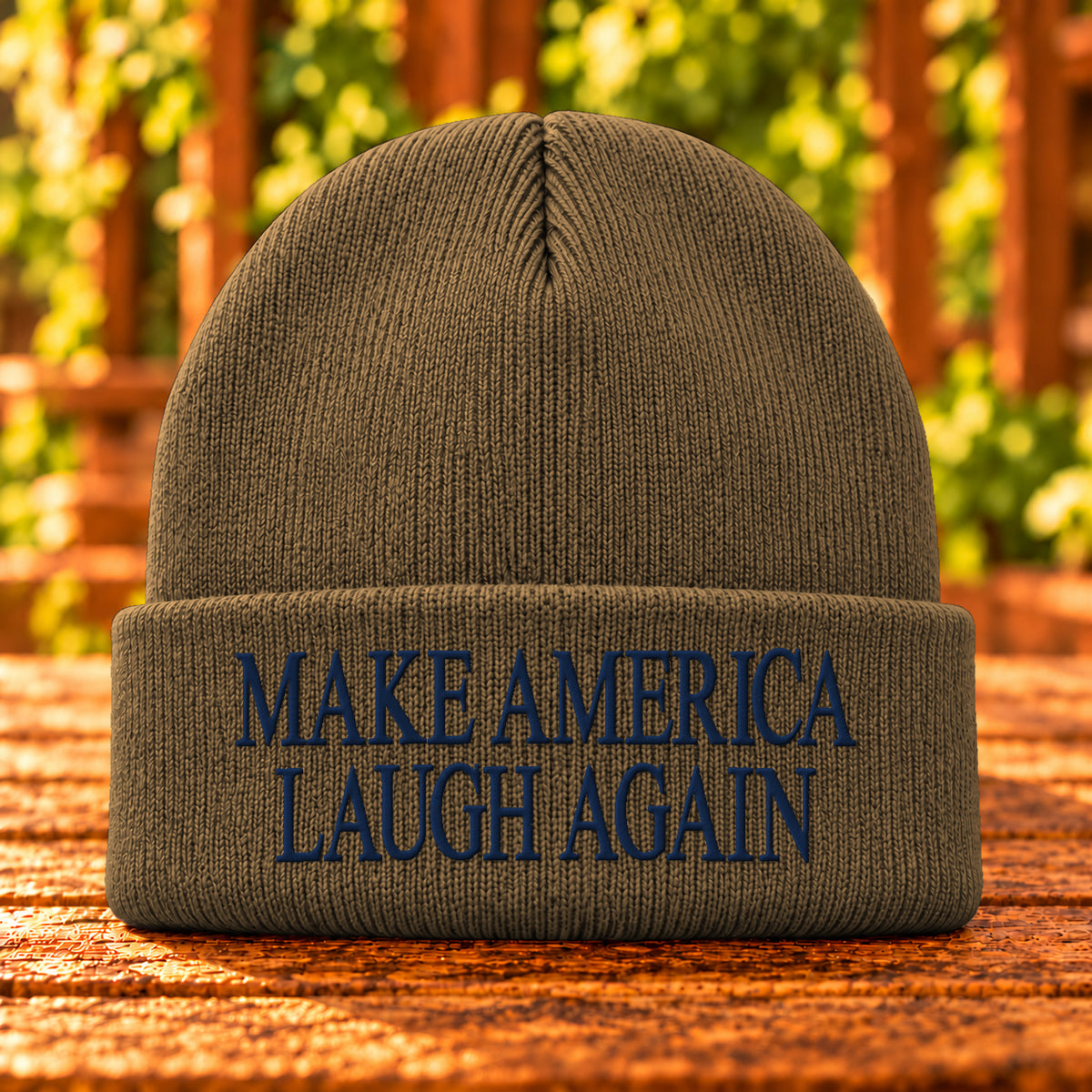 Make America Laugh Again embroidered beanie, Coyote Brown, Navy thread