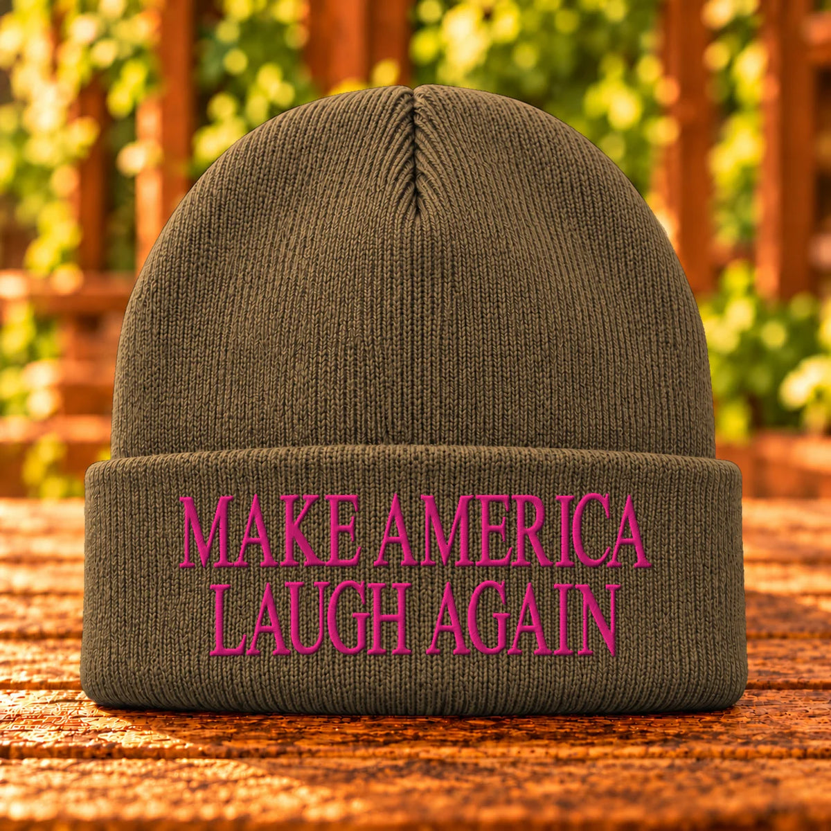 Make America Laugh Again embroidered Coyote Brown beanie, Hot Pink thread