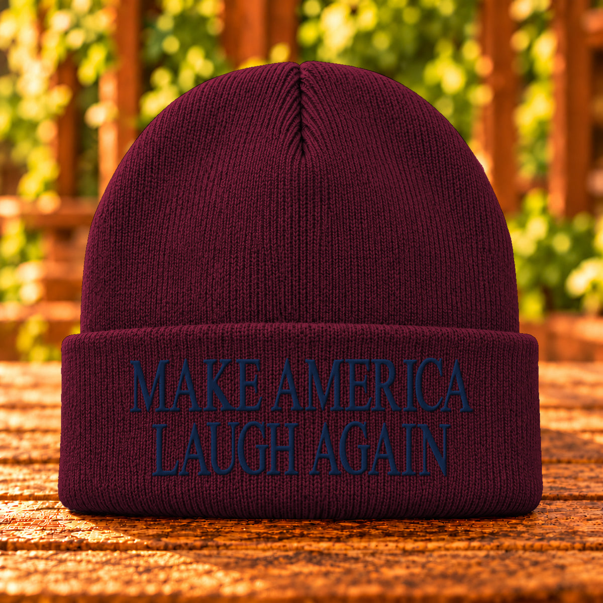 Make America Laugh Again embroidered beanie, Maroon, Navy thread