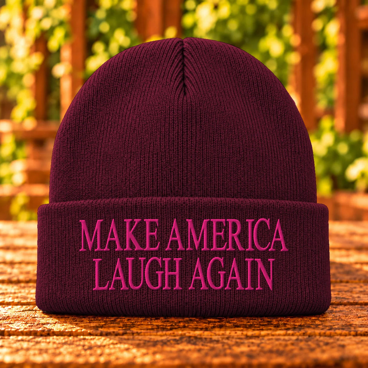 Make America Laugh Again embroidered Maroon beanie, Hot Pink thread