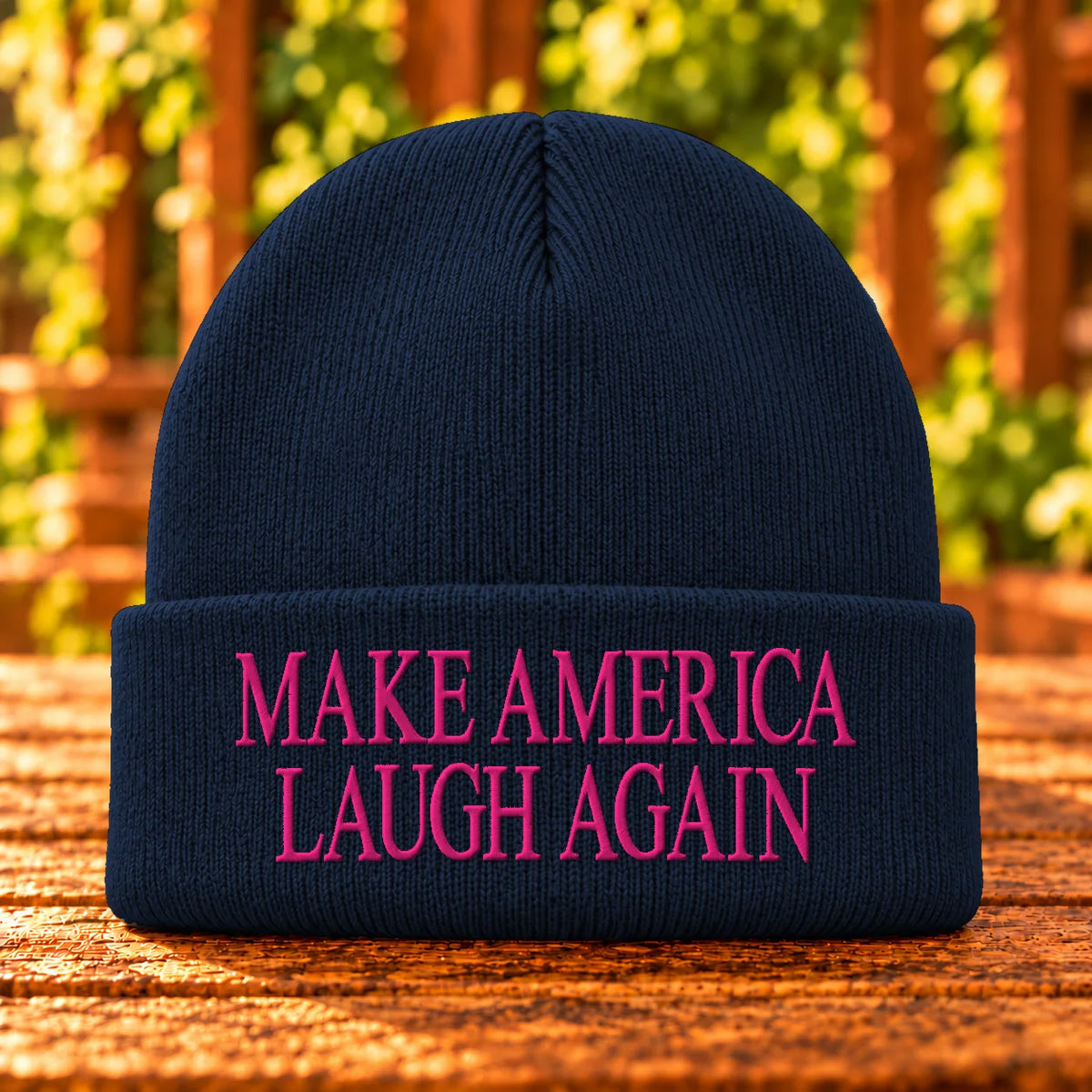 Make America Laugh Again embroidered Navy beanie, Hot Pink thread