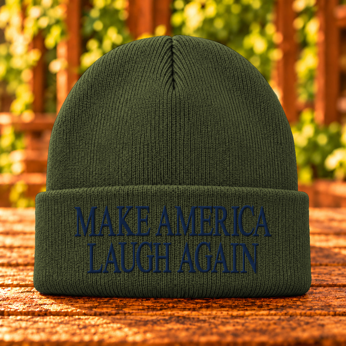 Make America Laugh Again embroidered beanie, Olive Drab Green, Navy thread