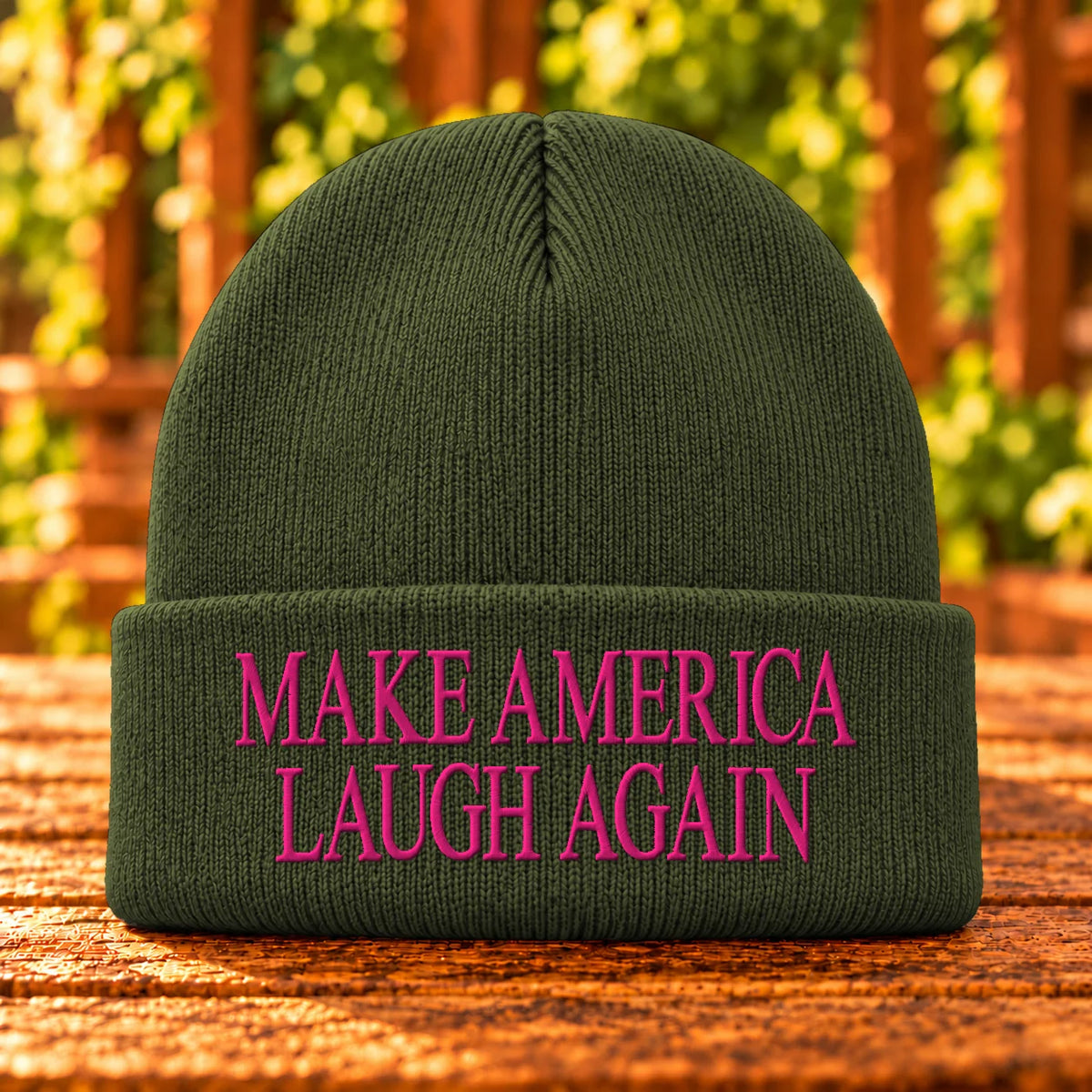 Make America Laugh Again embroidered Olive Drab Green beanie, Hot Pink thread