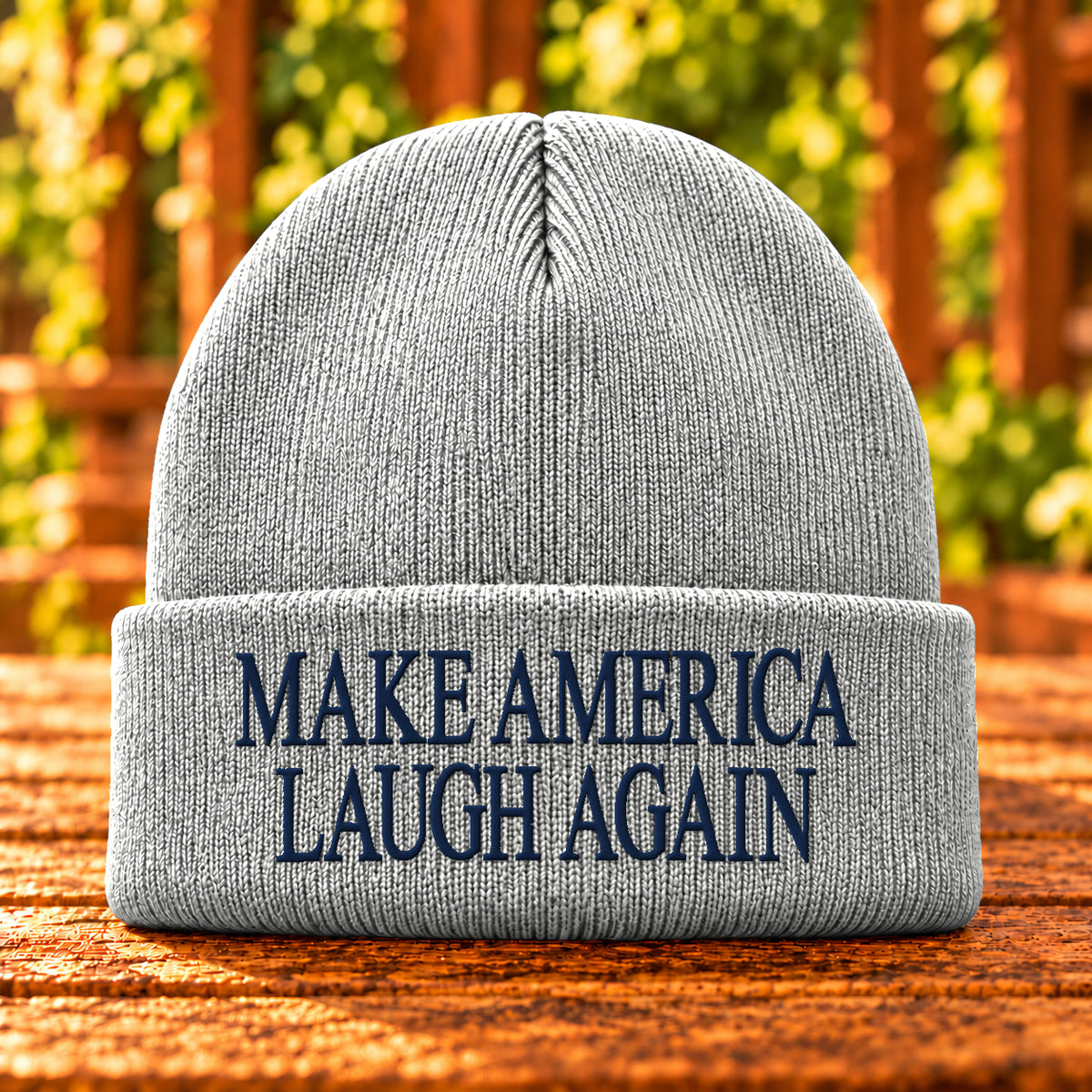 Make America Laugh Again embroidered beanie, White, Navy thread