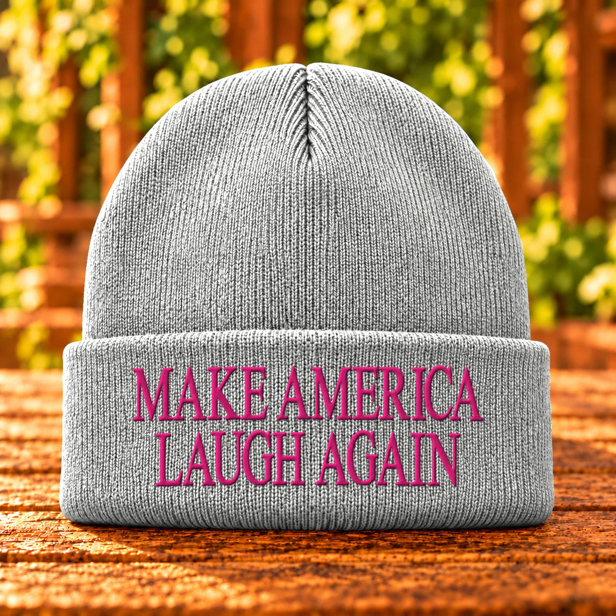 Make America Laugh Again embroidered White beanie, Hot Pink thread