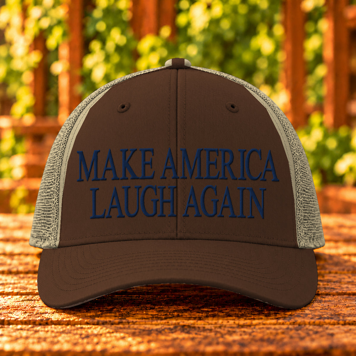 Make America Laugh Again embroidered trucker, Brown/Khaki, Navy thread