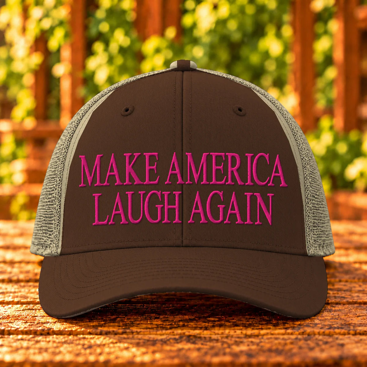 Make America Laugh Again embroidered Brown/Khaki trucker, Hot Pink thread