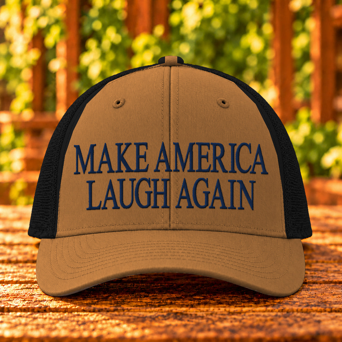 Make America Laugh Again embroidered trucker, Caramel/Black, Navy thread