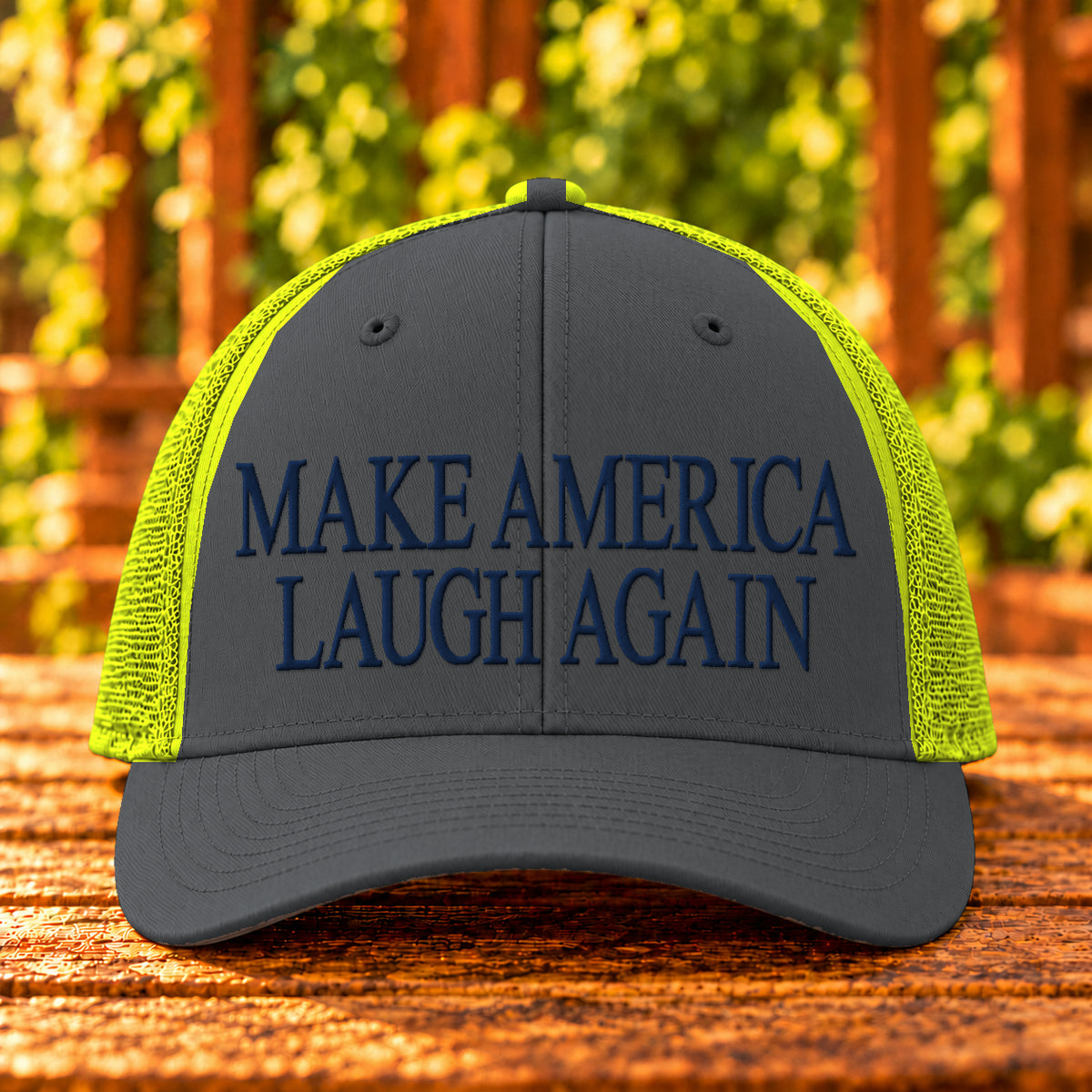 Make America Laugh Again embroidered trucker, Charcoal/Neon Yellow, Navy thread