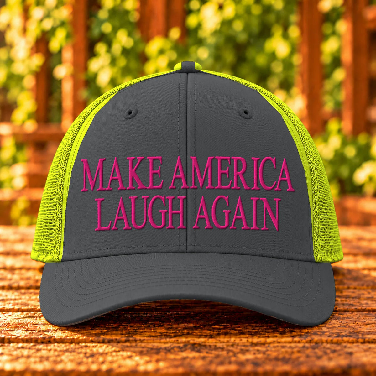 Make America Laugh Again embroidered Charcoal/Neon Yellow trucker, Hot Pink thread