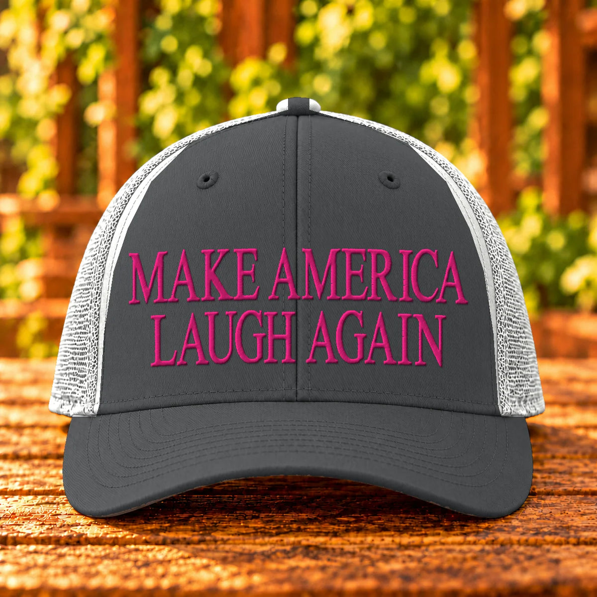 Make America Laugh Again embroidered Charcoal/White trucker, Hot Pink thread