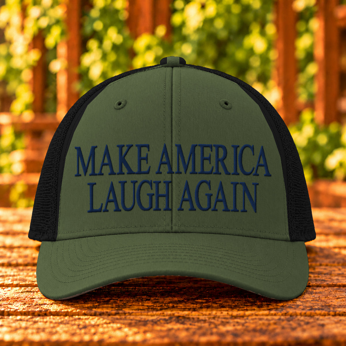 Make America Laugh Again embroidered trucker, Loden/Black, Navy thread