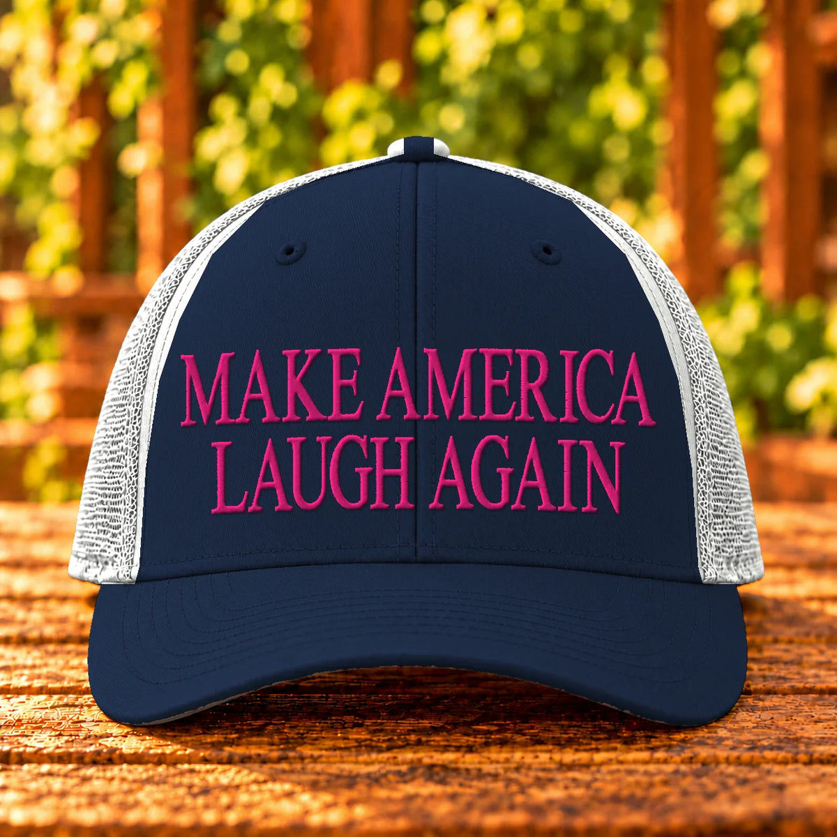 Make America Laugh Again embroidered Navy/White trucker, Hot Pink thread