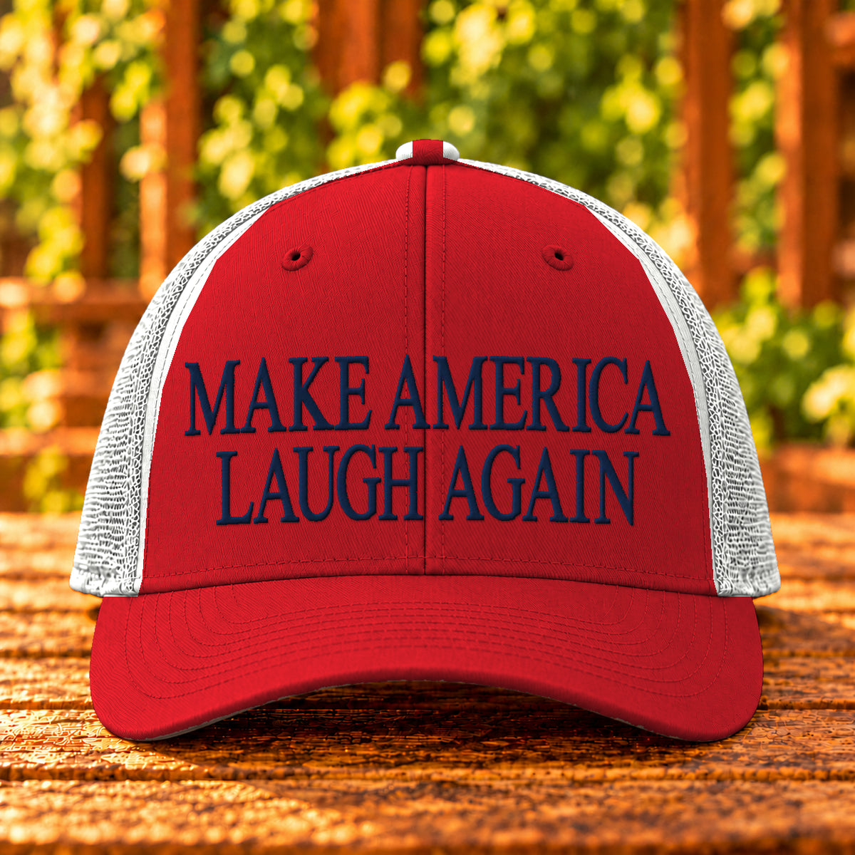Make America Laugh Again embroidered trucker, Red/White, Navy thread