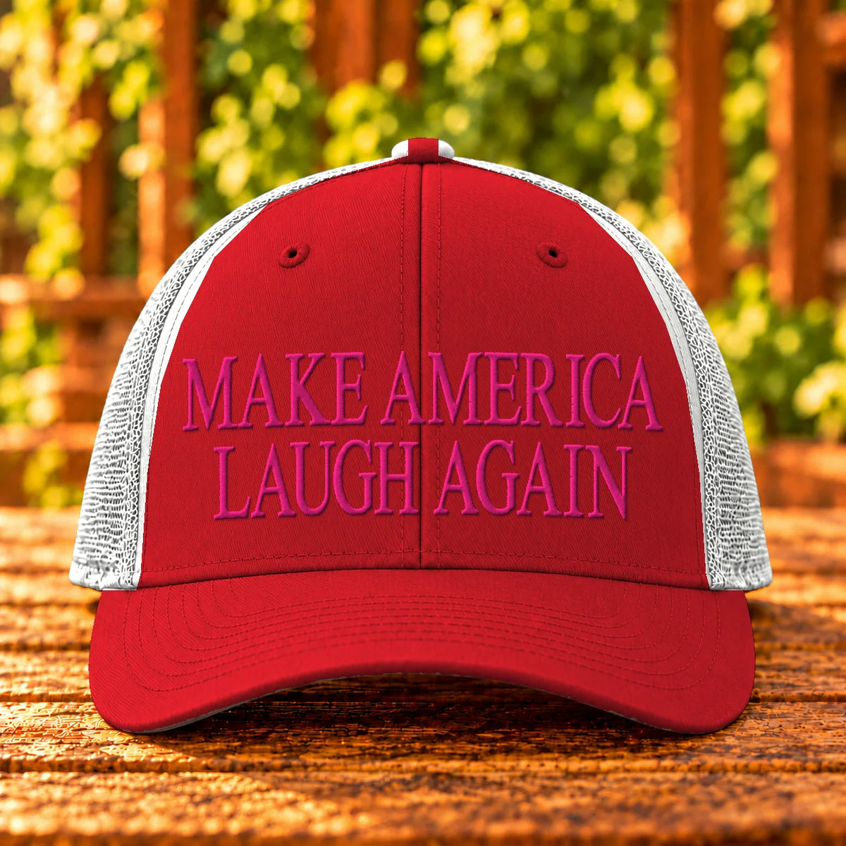 Make America Laugh Again embroidered Red/White trucker, Hot Pink thread