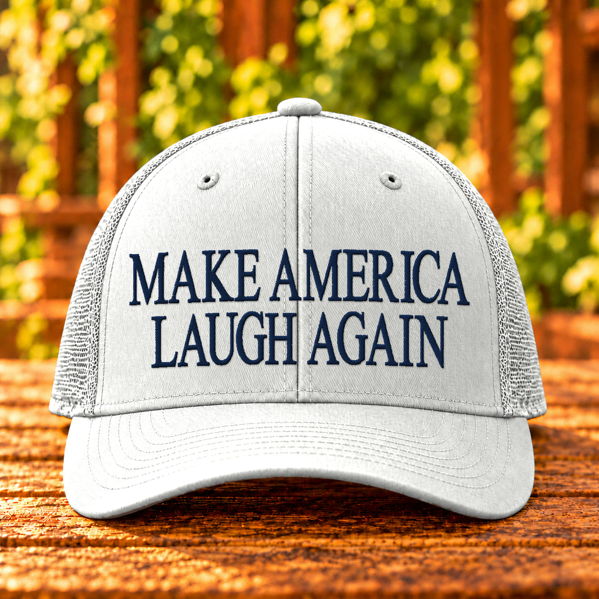 Make America Laugh Again embroidered trucker, White, Navy thread