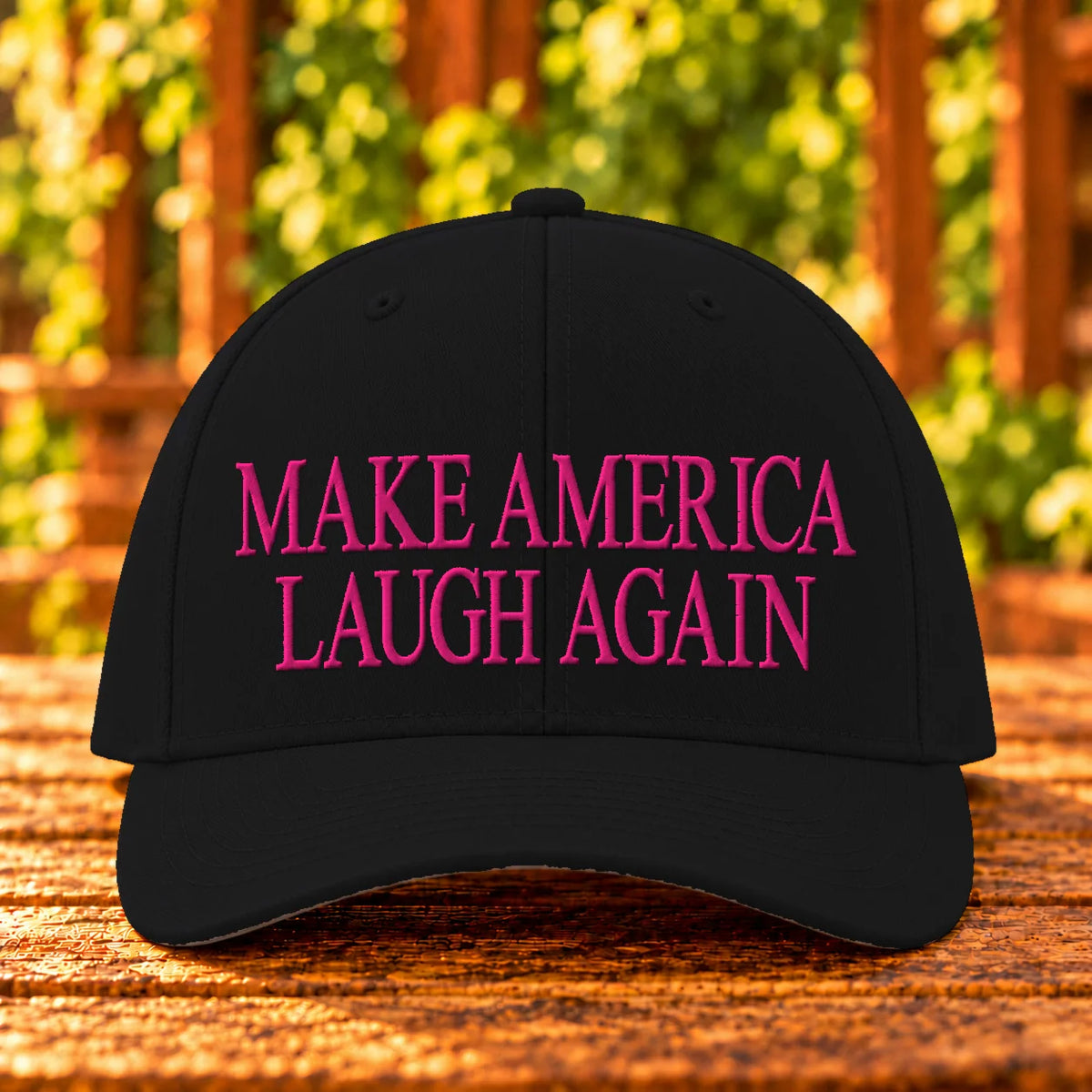 Make America Laugh Again embroidered Black twill, Hot Pink thread