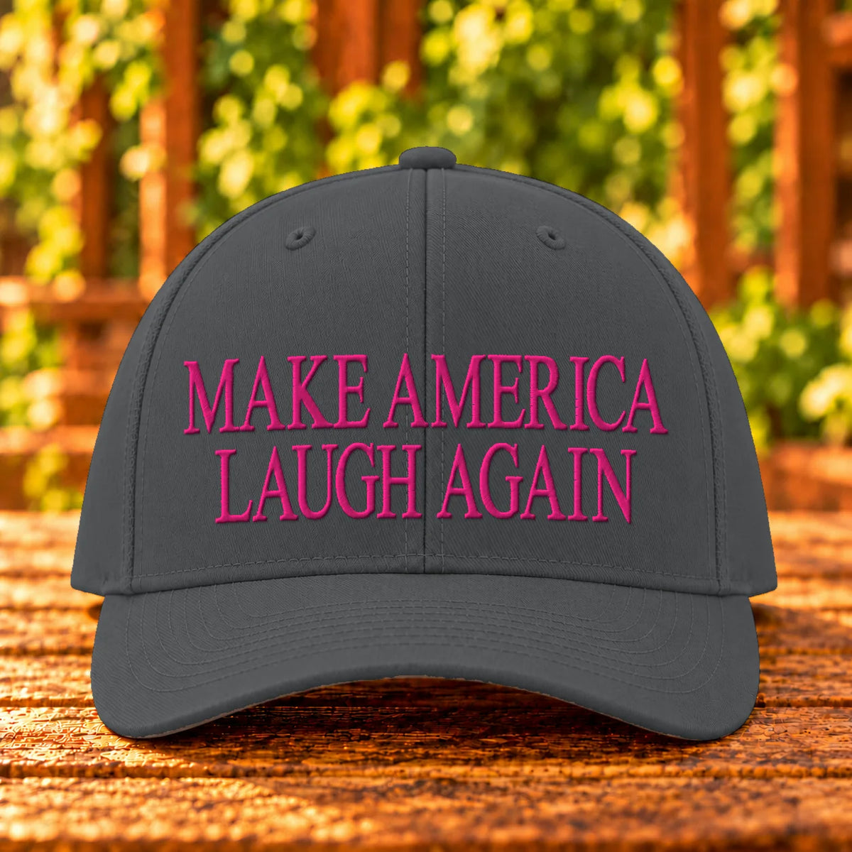 Make America Laugh Again embroidered Charcoal twill, Hot Pink thread