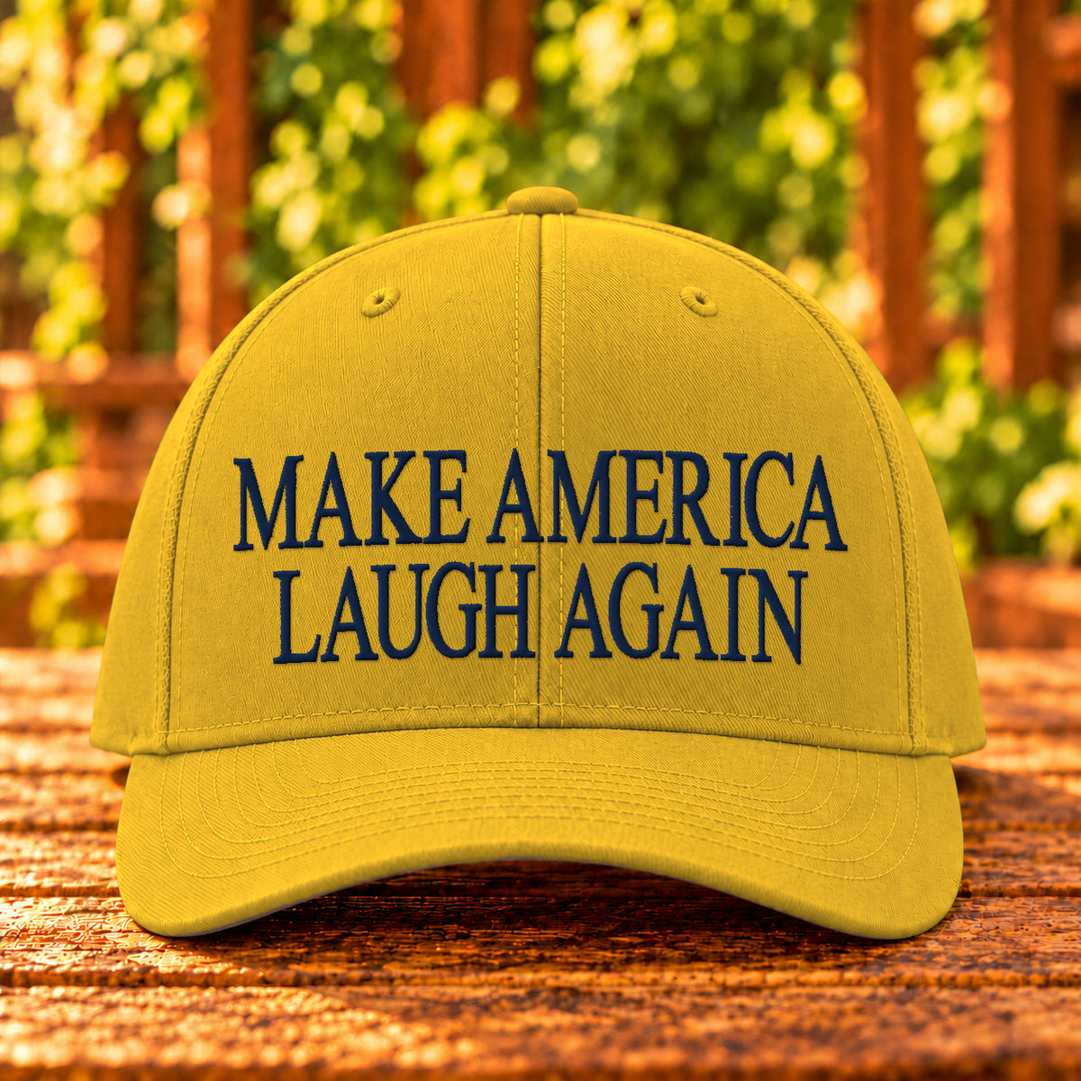 Make America Laugh Again embroidered twill, Gold, Navy thread