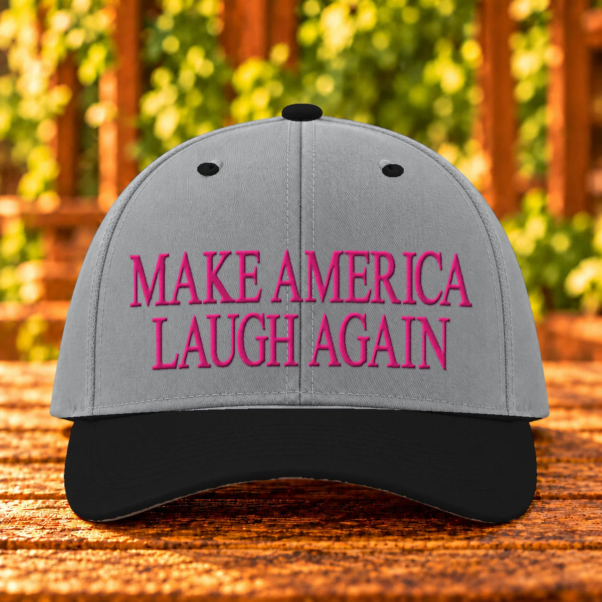Make America Laugh Again embroidered Gry/Gry/Bk twill, Hot Pink thread